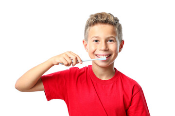 PNG,boy in red t-shirt with toothbrush, isolated on white background