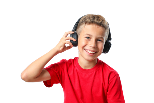 PNG,boy in red t-shirt with headphones, isolated on white background