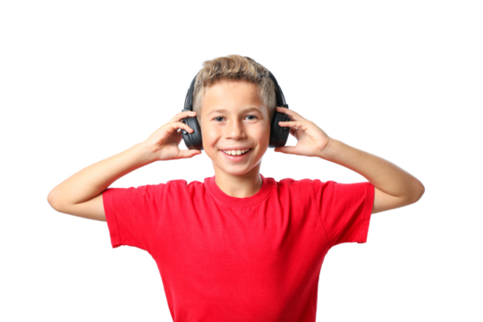 PNG,boy in red t-shirt with headphones, isolated on white background