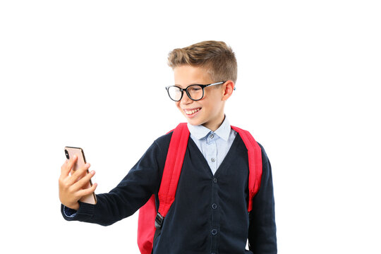 PNG,boy makes selfie on phone, isolated on white background