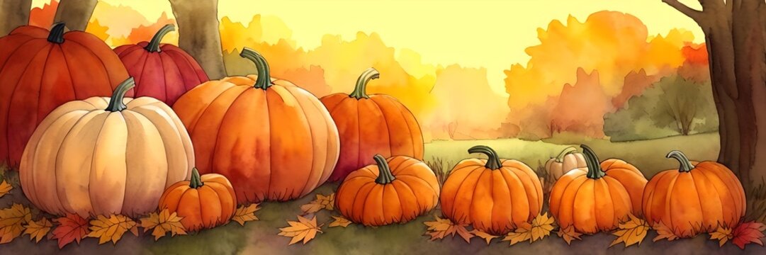 Autumn pumpkins watercolor, generative ai