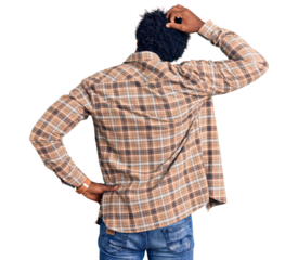 Handsome african american man with afro hair wearing casual clothes and glasses backwards thinking about doubt with hand on head