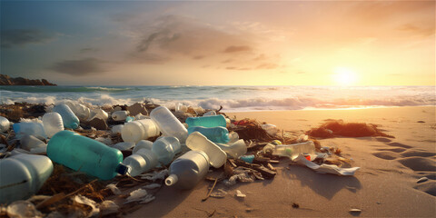 Fototapeta na wymiar Plastic bottles and waste at a beautiful beach at sunset, ai generated 