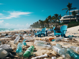 Many plastic bottles and waste at the beach at hotel resorts. Ai generated