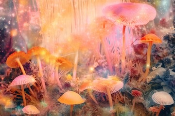 Fototapeta na wymiar Magic glowing mushrooms, generative ai