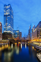 Fototapeta na wymiar Chicago city skyline downtown skyscraper at Chicago River bridge portrait format in the United States
