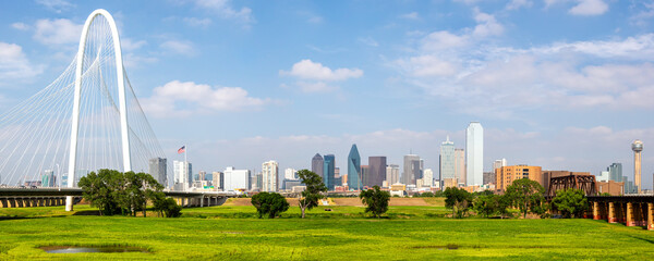 Dallas skyline at Trinity River and Margaret Hunt Hill Bridge panorama in Texas, United States