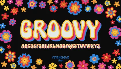  Vector groovy psychedelic alphabet. Contemporary psychedelia fun hand drawn font. Trippy simple naive daisy flowers backdrop. Boho style ABC. Dope euphoria typeface. Positive vibes hippie letters © babayuka
