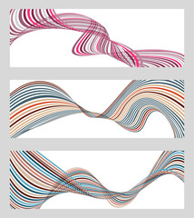 Wavy lines or ribbons. Set of 3 backgrounds. Multicolored striped gradient. Creative unusual background with abstract gradient wave lines to create a trendy banner, poster. vector eps