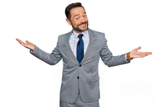 Middle age man wearing business clothes smiling showing both hands open palms, presenting and advertising comparison and balance