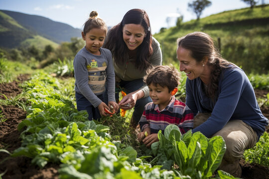 Parents and children harvesting fresh vegetables from a Colombian organic farm, latam, farm, finca, Colombian, couples, family Generative AI