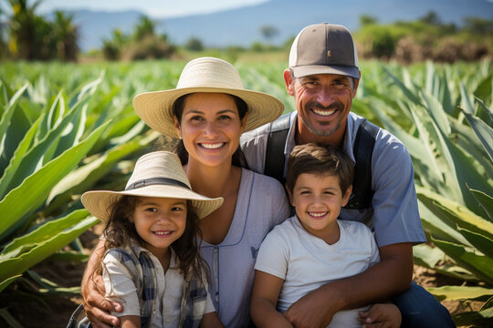Family posing in a field of Colombian agave plants on a traditional farm, latam, farm, finca, Colombian, couples, family Generative AI
