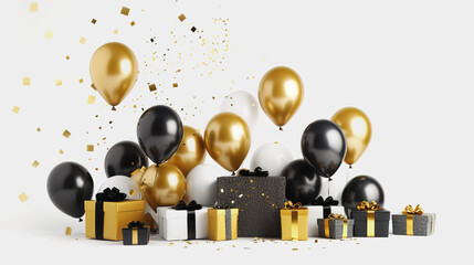 Celebration white background with black and gold balloons, gifts and confetti. AI generation