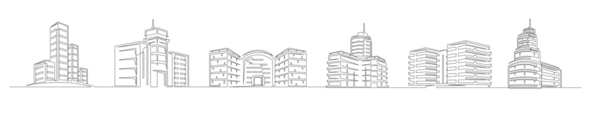 Set of continuous one line buildings. Vintage buildings isolated on a white background. Business concept. Vector illustration