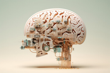 Fototapeta na wymiar Cerveau humain connecté avec des circuits imprimés symbolisant l'intelligence artificielle et l'homme augmenté sur un fond pastel