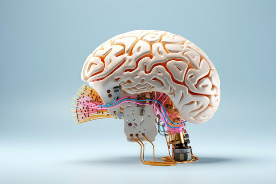 Cerveau humain connect&eacute; avec des circuits imprim&eacute;s symbolisant l'intelligence artificielle et l'homme augment&eacute; sur un fond pastel