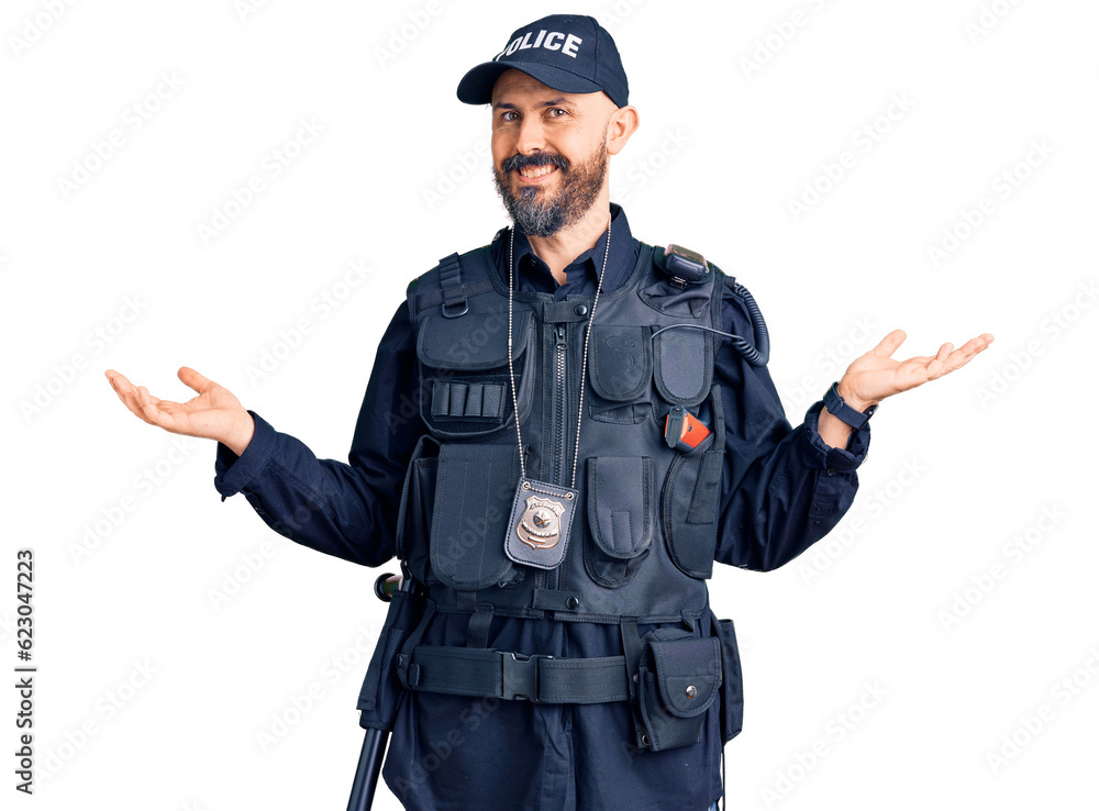 Canvas Prints Young handsome man wearing police uniform smiling showing both hands open palms, presenting and advertising comparison and balance