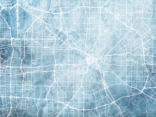 Illustration of a map of the city of  Dallas Texas in the United States of America with white roads on a icy blue frozen background.