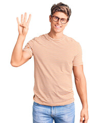 Young handsome man wearing casual clothes and glasses showing and pointing up with fingers number four while smiling confident and happy.