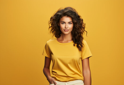 Brunette European woman with white tshirt mockup, smiling, against yellow walls, print presentation mock-up, Generative AI, KI