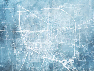 Illustration of a map of the city of  Denton Texas in the United States of America with white roads on a icy blue frozen background.