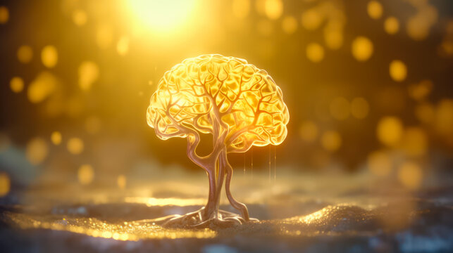 luminous brain, symbiosis of the human brain with a fungus, superdevelopment brain of the future, superhuman mind, bioengineering futuristic concept,biohacking