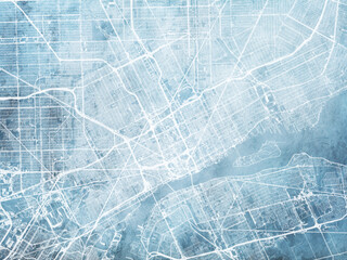 Illustration of a map of the city of  Detroit Michigan in the United States of America with white roads on a icy blue frozen background.