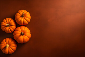 Four orange pumpkins on a brown background. Simple flat lay with copy space. Generative AI.