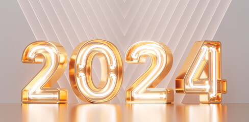3d 2024 New Year numbers with glowing lights. Luxury greeting background. 3d illustration. 