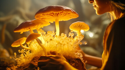 scientist researcher woman looks at futuristic luminous glowing mushrooms and spore particles, mycelium research and advanced mushroom research, bioengineering futuristic concept, biohacking - obrazy, fototapety, plakaty