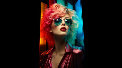 Hübsche Frau mit gefärbten und gelockten Haar Pop Art mit modernster Frisur und edlen Visagistik Make up als Poster Nahaufnahme, ai generativ