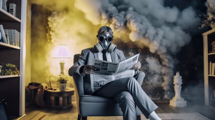 a man in a gas mask and a formal suit sits on an armchair and reads a newspaper in a room with a classic interior filled with smoke, outside is a catastrophe, 