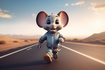 A cute mouse in a futuristic sports outfit is running down the highway, generative ai