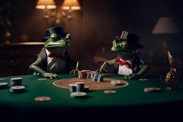 Two green frogs in suits and hats sit at a casino table and gamble