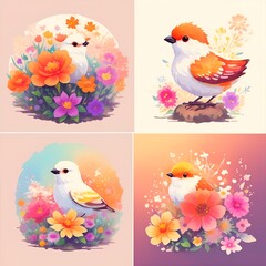 Collection of Bouquet of pink flowers and bird, Vivid colors, Generative AI