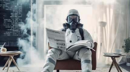 a man in a gas mask and a protective white suit sits on an armchair and reads a newspaper in a modern room with a white interior filled with smoke, a catastrophe outside