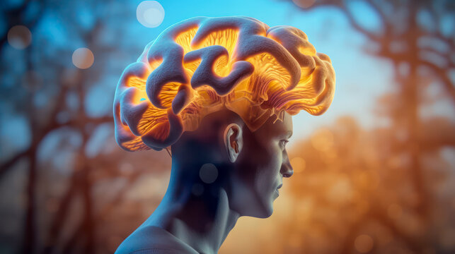 a man with glowing luminous brain, symbiosis of the human brain with a fungus, superdevelopment man of the future, superhuman mind, bioengineering futuristic concept