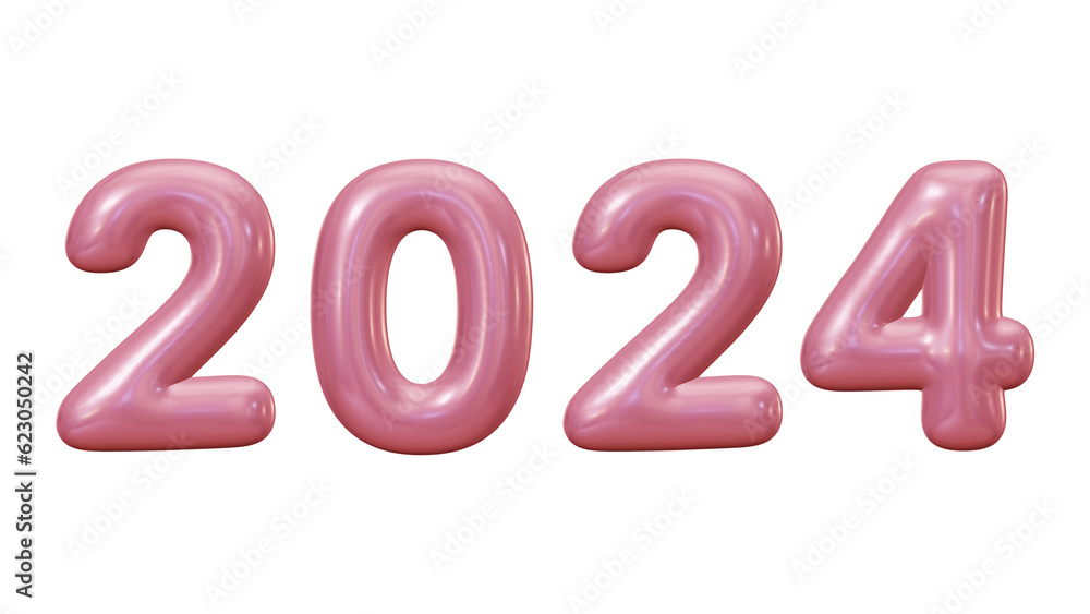 Poster 2024 number in 3d rendering for new year and calendar concept