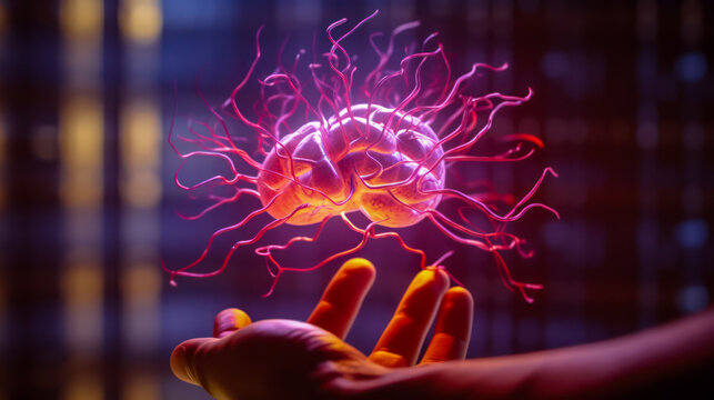 hand holds a glowing floating luminous brain, symbiosis of the human brain with a fungus, superdevelopment man of the future, superhuman mind, bioengineering futuristic concept