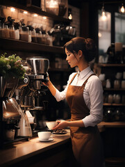 an Asian female barista making coffee