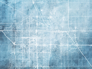 Illustration of a map of the city of  Fargo North Dakota in the United States of America with white roads on a icy blue frozen background.