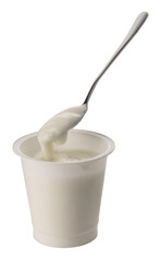 White yoghurt in plastic jar with teaspoon taking yogurt isolated