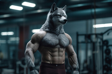 fit Wolf standing at the gym, Powerful Wolf flexing muscles at the gym, generative AI