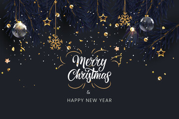 Merry Christmas and Happy New Year banner design on dark background. Ideal for invitation, greeting card, header.