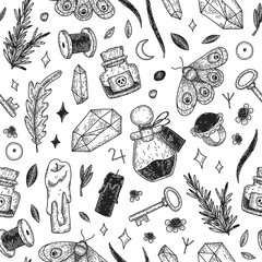 Pattern with magical objects - crystals, leaves, moth, candles, poisons. Graphic vector seamless texture with occult elements. Witchcraft items