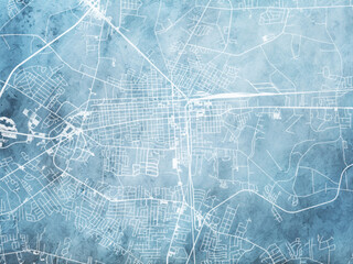 Illustration of a map of the city of  Florence South Carolina in the United States of America with white roads on a icy blue frozen background.