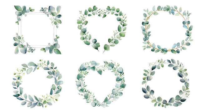 Watercolor floral illustration set - bouquets and wreath. Green leaf branches collection. Wedding invites, wallpapers, fashion. Eucalyptus, olive, leaves. Generative AI