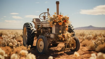 Fotobehang wedding old tractor woth flower in the field © Denis