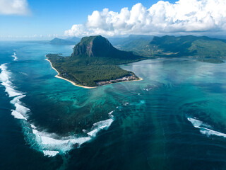 Incredible view of the famous underwater waterfall and Le Morne mountain in Mauritius. Picture...