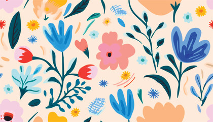 Bright hand drawn simple abstract floral print. Cute collage pattern. Fashionable template for design